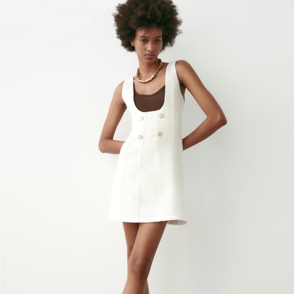 Zara textured jewel button pinafore dress - white